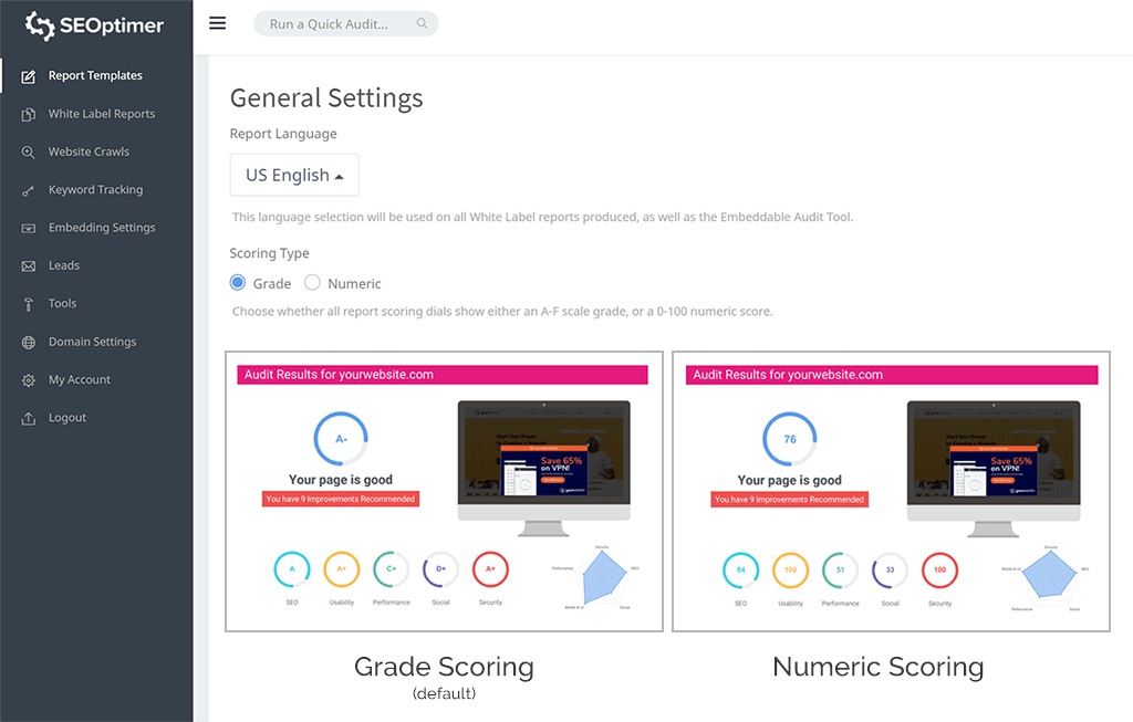 Configurações do relatório de notas